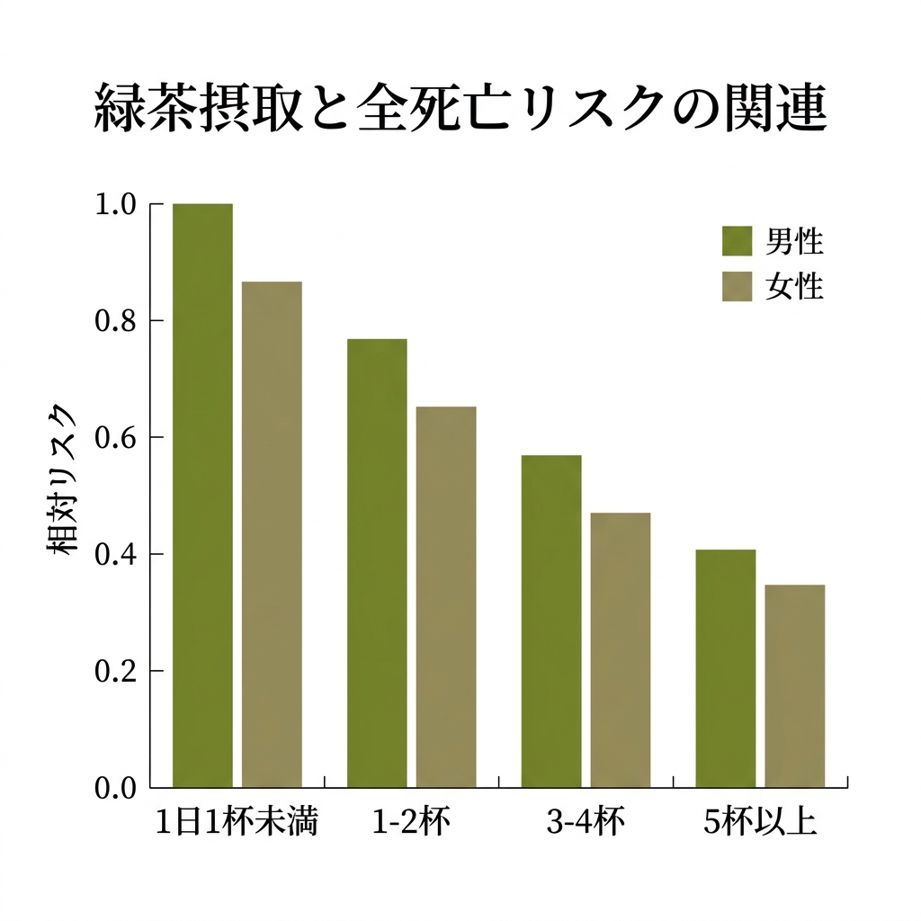 緑茶摂取と全死亡リスクの関連グラフ